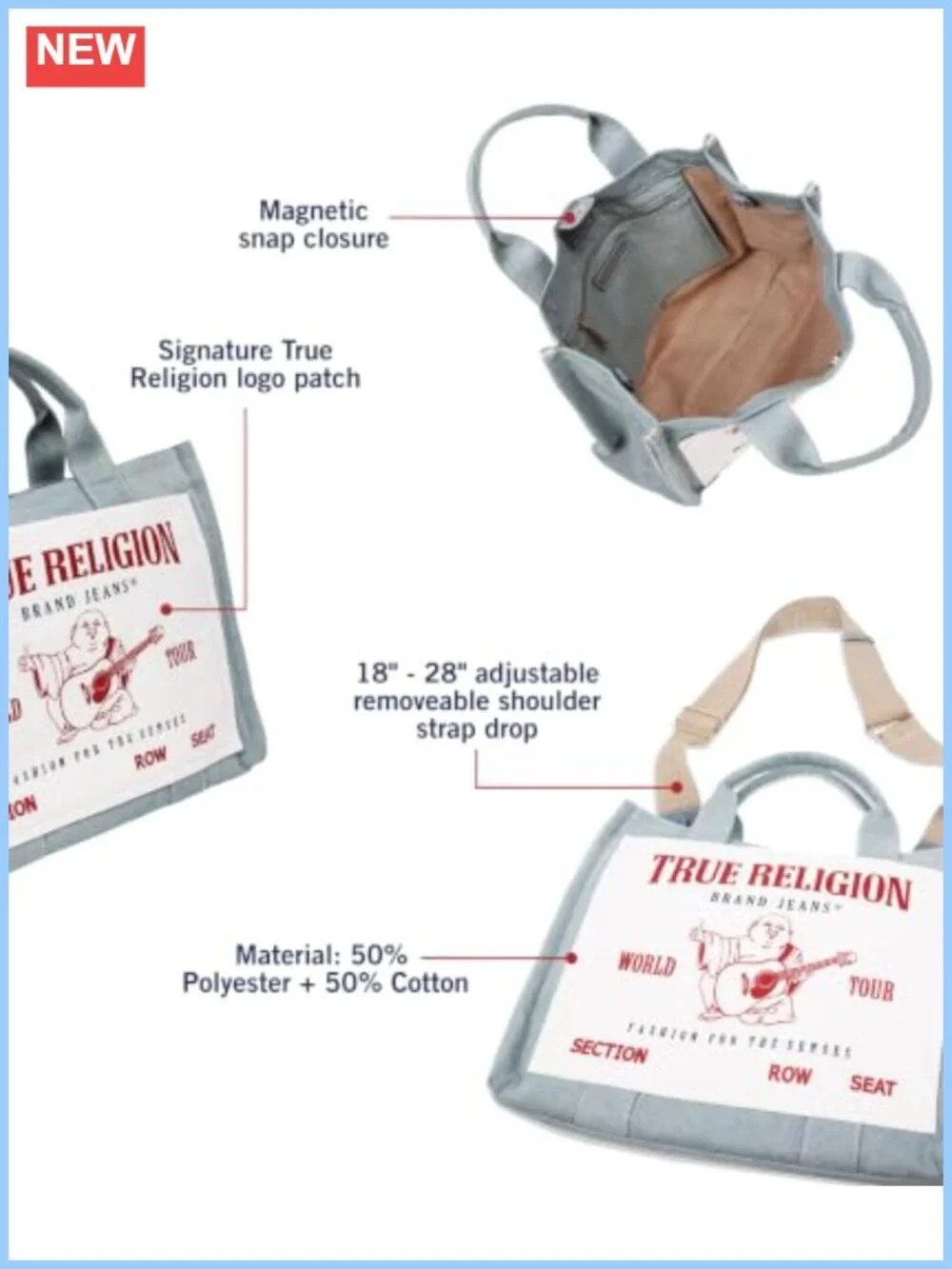True Religion Tote Bag Light Wash Denim Buddha World Tour Women's Purse